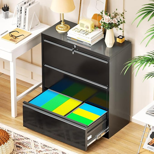 Crownland Lateral File Cabinet with 3 Drawers, 28" W Metal Lockable Office File Cabinets for Home Office- Stores Letter/Legal/A4/F4 Files(Black)