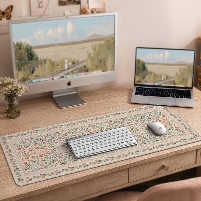 iCasso Aesthetic Floral Desk Mat, L Mouse Pads, Anti-Slip Mousepad with Stitched Edges, Waterproof Computer Pad 11.8"x31.5", Desk Accessories Office Decor for Women(Beige)