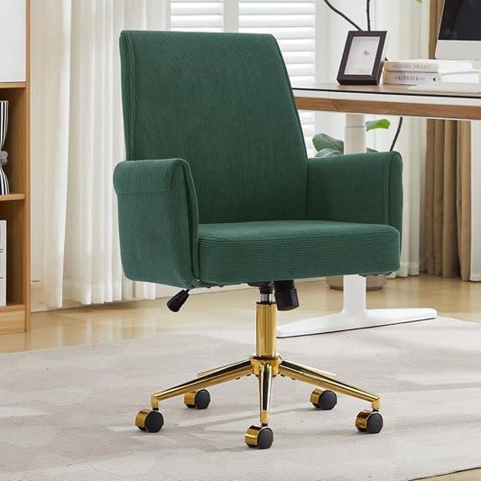 YITAI Stripes Velvet 360°Swivel Desk Chair, Modern Height Adjustable Home Office Armchair with Gold Base and Wheels for Vanity, Comfy Computer Chair for Study Living Room Bedroom(Green)