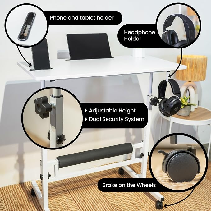 Small Rolling Desk with Wheels, Adjustable Height 27"-43.3" Portable Standing Desk, 31.5"x15.7" Tabletop, Mobile Laptop Computer Table for Home Office Workstation, White