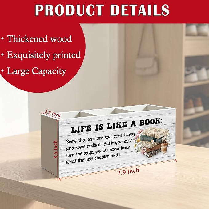 Inspirational Book Lover Gifts Pen Pencil Holder Organizer for Home Office Classroom Desk Accessories, Reader Gifts, Bookish Wood Signs for Reading Nook Corner Room Desk Tabletop Decor