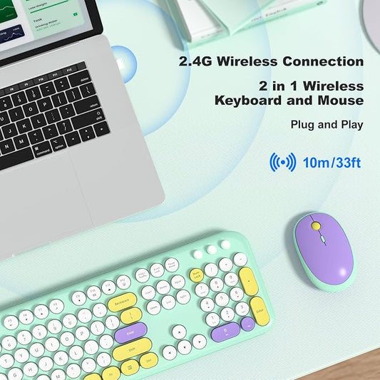 KNOWSQT Wireless Keyboard and Mouse Combo - Lovely Tiffany Blue 2.4G Full-Sized Colorful Keyboards, Round Keycap USB Dongle Plug Play Cute Keyboards for Windows, Laptop, PC, Desktop, Mac