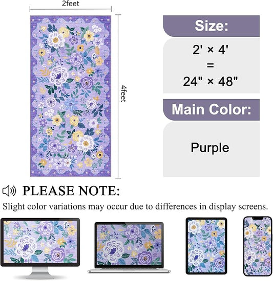 DUKINO 2x4 Rug for Entryway, Washable Kitchen Floral Runner Rug with Non Slip Backing, Low Pile Soft Boho Carpet for Kitchen, Hallway, Entryway, Laundry, Bedroom, Purple