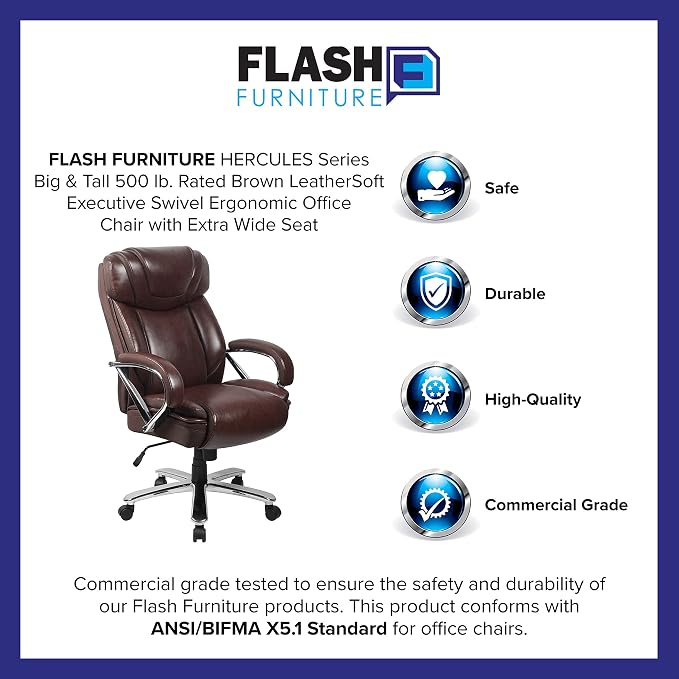 Flash Furniture Hercules Series High-Back Swivel LeatherSoft Office Chair, Ergonomic Executive Chair with Headrest and Adjustable Height, Brown