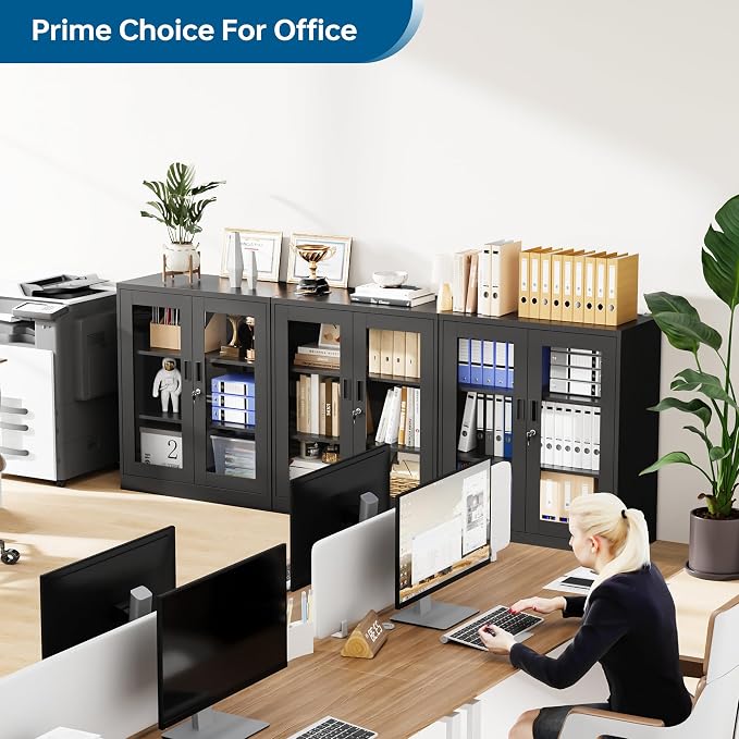 PEUKC Display Cabinet with Acrylic Doors, 35.4 Inches Metal Curio Storage Cabinet with 2 Adjustable Shelves, Locking Display Case for Home, Office, Clinic, Pantry, Assemble Required (Black)