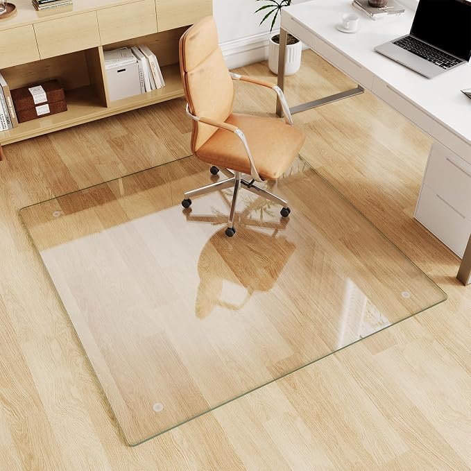 Glass Chair Mat 46" x 46" Heavy Duty Tempered Glass Office Chair Mat, Glass Floor Mat with Round Corner and Polished Edge for Smooth Glide, Office Chair Mat for Carpet, Hardwood Floor