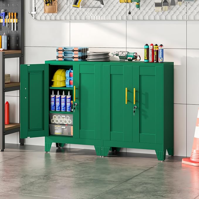 winiowa Tall Metal Storage Cabinet with Lock, Locking File Cabinet with 2 Doors and 2 Adjustable Shelves, Green Lockable Organizer for Home Office Garage(23.6" W)