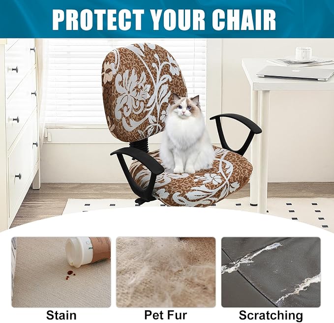 Smiry Stretch Printed Office Computer Chair Covers, Universal Washable Removable Desk Rotating Chair Slipcovers Protector, Seat + Backrest Cover - Brown and Blue