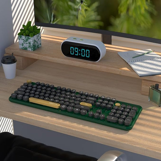 UBOTIE Dual Mode Colorful Wireless Keyboard, Bluetooth and USB Receiver Retro Typewriter Round Keycaps Keyboard Support Multi Devices for PC Laptop Tablet Phones(Dark-Green)