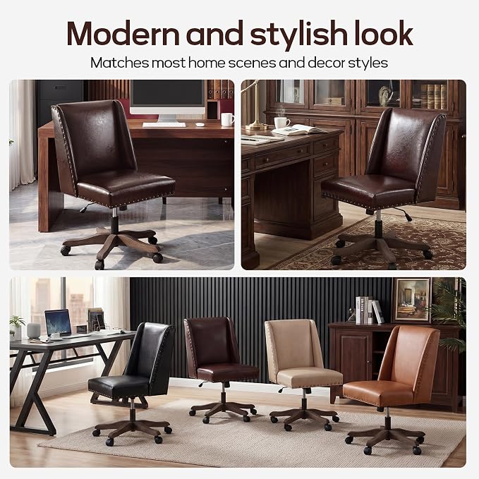 Zihanhome Armless Home Office Chair with Wooden Legs, Modern Leather Upholstered Office Desk Chair No Arms Sewing Chair Adjustable Swivel Desk Chair for Farmhouse Office Study Studio, Reddish