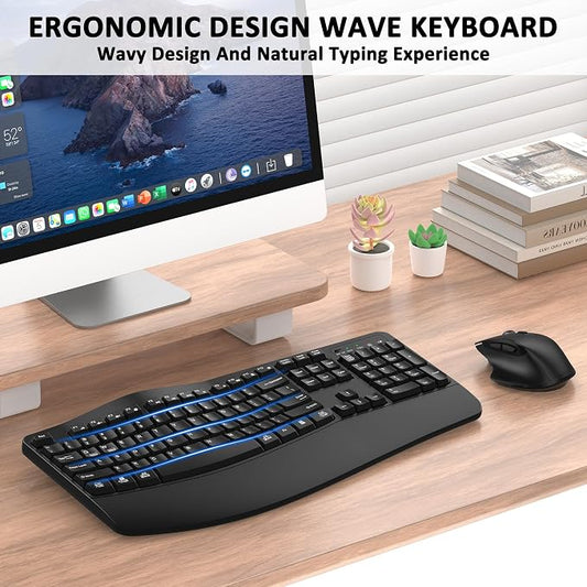 Wireless Keyboard and Mouse Combo, Ergonomic Wave Keys (Black) | 2.4G Full Size Wave Keyboard with Wrist Rest, 3-Level DPI Adjustable Ergonomic Mouse for Windows and Mac OS Desktop/Laptop/PC