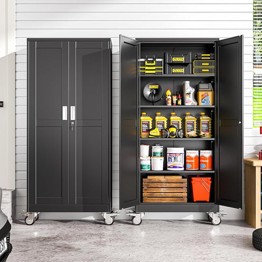 winiowa 71" Tall Metal Garage Storage Cabinet with Wheels, Steel Locking Rolling Tool Cabinet with 4 Adjustable Shelves for Garage,Home,Office (Black)