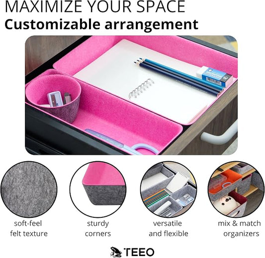 Teeo - Desktop Storage Drawers - Makeup Organizer Drawers - Office Drawer Organizer Tray - Pink Organizers and Storage - Home Desk Bins Dividers Box Compartment Organization - Pack of 7, Hot Pink