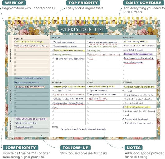 Weekly To Do List Notepad with 52 Undated Sheets(8.5"×11")- Undated Weekly Planner Notepad for Office Desk Accessories and Supplies - Teal Petals
