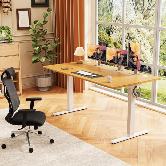 Sweetcrispy 55 Inch Electric Standing Desk, Height Adjustable Sit Stand Up Desk, Computer Workstation Home Office Gaming Rising Table with Memory Preset Splice Board,Oak