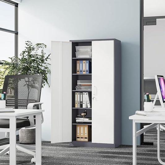 Fesbos Metal Storage Cabinet-72” Tall Steel File Cabinets with Lockable Doors and 5 Adjustable Shelves-Gray&White Steel Storage Cabinet for Home, School, Office, Garage