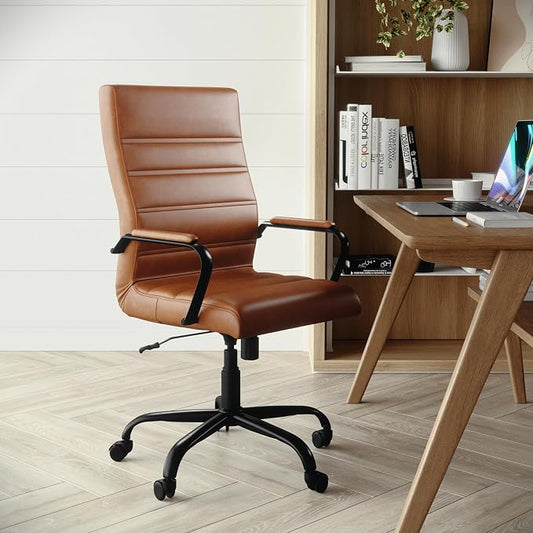 Flash Furniture Whitney High-Back Swivel LeatherSoft Desk Chair with Padded Seat and Armrests, Adjustable Height Padded LeatherSoft Office Chair, Brown/Black Gold