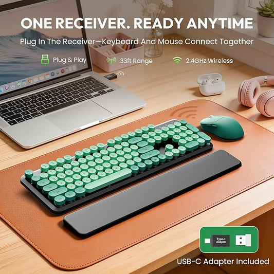 Wireless Keyboard and Mouse Combo - Cute Typewriter Keyboard with Detachable Wrist Rest, Retro Round Keycaps, Foldable Legs, 2.4GHz Keyboards for PC Laptop, Mac, Windows - Trueque (Black and Green)