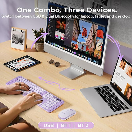 seenda COE202 Wireless Bluetooth Keyboard and Mouse Combo, Star Purple | USB & Dual Bluetooth for 3-Device Switching, Soft Quiet Round Keys, Silent Clicks, Full-Size for PC/Laptop/Mac/MacBook/iPad