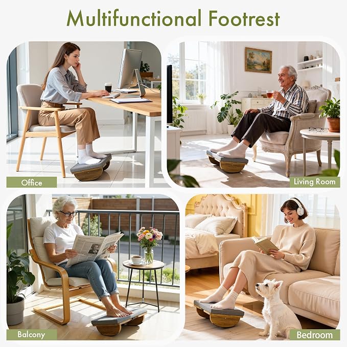 Wooden Under Desk Foot Rest, Foot Stool with Detachable Cushion, Ergonomic Rocking Footrest for Work & Home, Leg Relief & Foot Support, Improves Posture and Blood Circulation