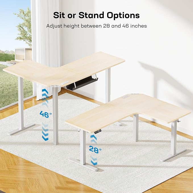 HUANUO 63″ L-Shaped Standing Desk, Built-in Power Outlets, Electric Height Adjustable Corner Computer Desk, Large Power Strip Holder, Sit Stand Up Desk with 3 Preset Heights, Natural Wood