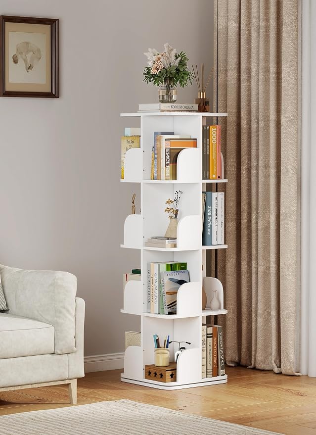 Turosur Rotating Bookshelf Tower, 4 Tier Spinning Square Bookshelf for Small Spaces, 360 Display Kids Bookshelves, Revolving Bookcase Floor Standing Storage Rack, White