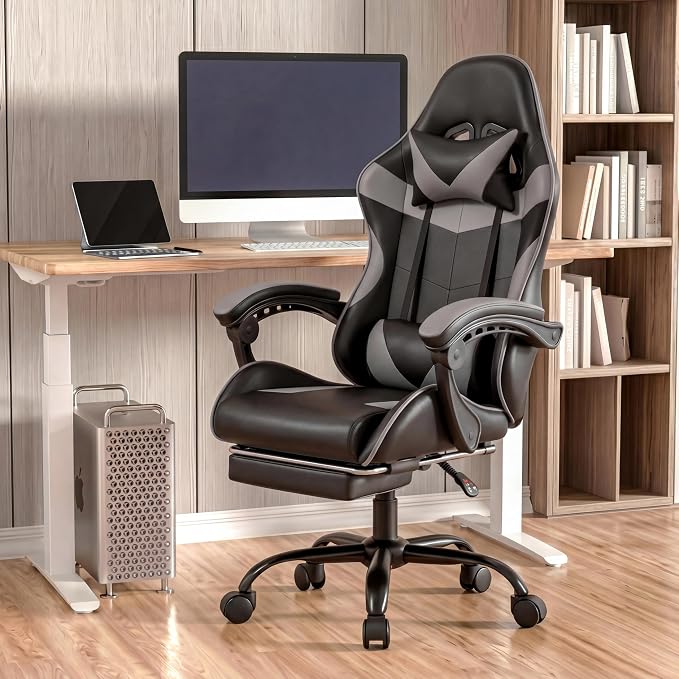 Gaming Chair, Ergonomic Computer Chair with Footrest and Lumbar Support, Height Adjustable Office Chair with 360° Swivel Seat and Headrest (Black & Grey)