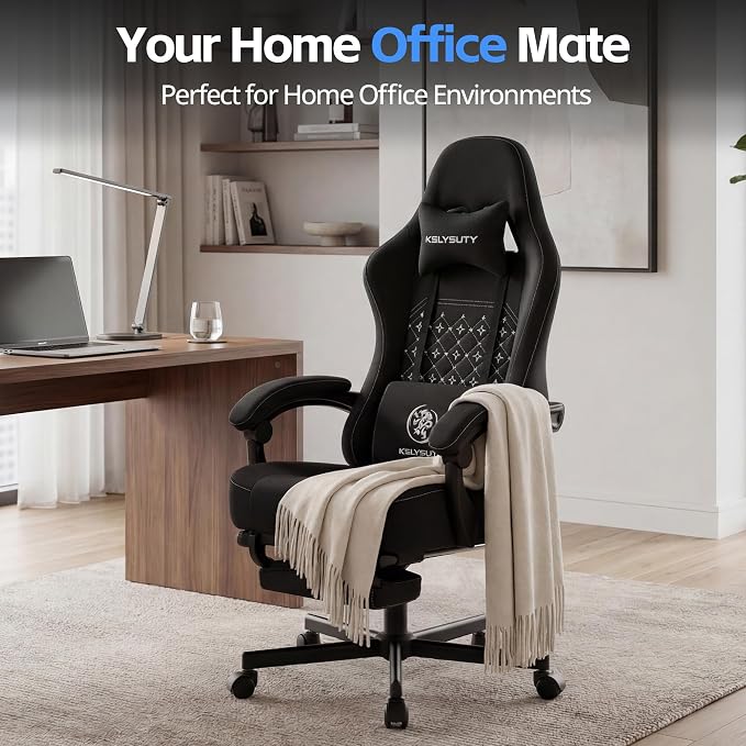 Desk Computer Gaming Chair - Ergonomic Game Office Chair with Extended Footrest and Massage Lumbar Support, Home Gamer Video Game Chairs with Spring Cushion for Adults (Pro Black Fabric)