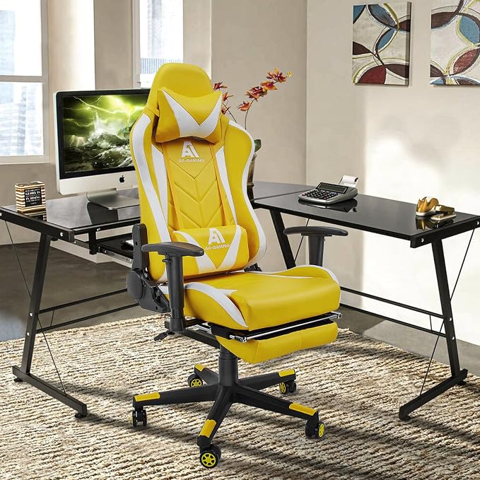 AA Products Gaming Chair - High Back Ergonomic Racing Chair with Footrest, Lumbar Support & Swivel - YellowWhite