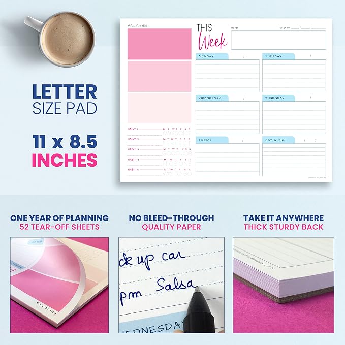 Weekly Planner Pad - Undated Planner - To Do List Notepad - Habit Tracker - 11 x 8.5" - 52 Tear-Off Sheets - Daily Planner Undated for Home Work Office Business - Goal Planner - Cute Planner (Pink)