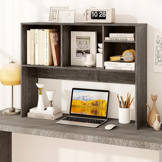 GOFLAME 4 Cubes Desktop Bookshelf, 37” Tabletop Wood Desk Shelf for Computer Monitor, Modern Countertop Desk Display Hutch Storage Organizer Shelf for Home Office, Dorm, Study, Gray