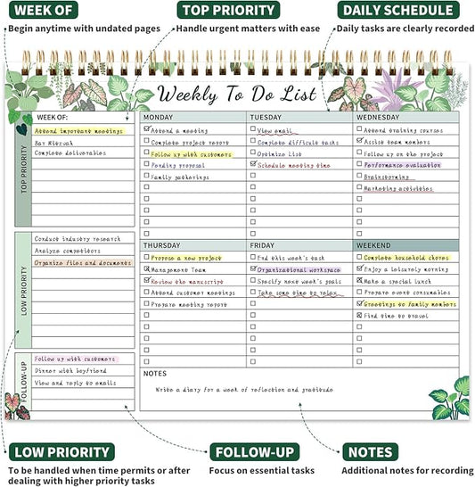 104 Pgs Weekly To Do List Notepad, 52 Duplex-Printed Undated Sheets 100 GSM(8.5"×11") Weekly Desk Planner For Work Home School Office Desk Accessories Supplies & Goal Setting Tasks - Green Foliage