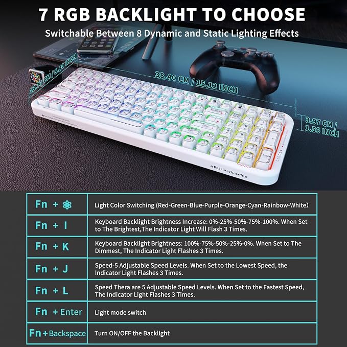 FOPETT Wireless Computer Keyboard with RGB Backlit, Tri-Mode Bluetooth 5.0/USB-C/2.4GHz Gaming Keyboard, Full Size Layout, Ergonomic Curved Design for Windows Mac PC Gamers & Office-White
