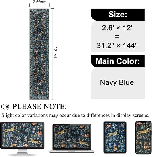 DUKINO 2.6x12 Hallway Runner Rug, Vintage Washable Loog Kitchen Rug with Non Slip Backing, Stain Resistant & Low Pile Animal Print Carpet for Indoor Entrance Bathroom, Laundry, Bedroom, Navy Blue