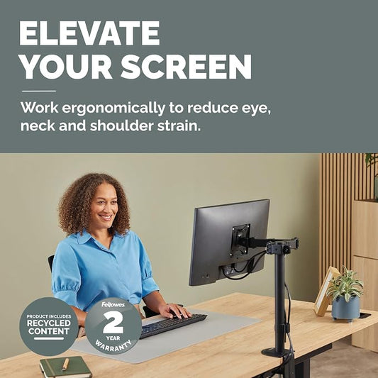 Fellowes Everyday Adjustable Single Monitor Arm – Supports Screens up to 32" Weighing 19.84 lbs, Tilt, Swivel, Rotate, VESA 75/100, Clamp or Grommet Mount, Cable Management
