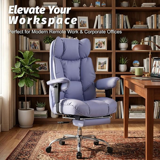 Efomao Executive Office Chair 400lbs,Purple Big and Tall Desk Chair | Mattress-grade pocket spring cushion, sleek leather, 135° recline & footrest for computer gaming setup.