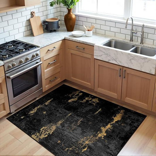 RELEANY Washable Area Rugs 3'x5' Non-Slip Modern Abstract Soft for Living Room Entryway Bedroom Kitchen, Print Pattern, Dark Black Gold