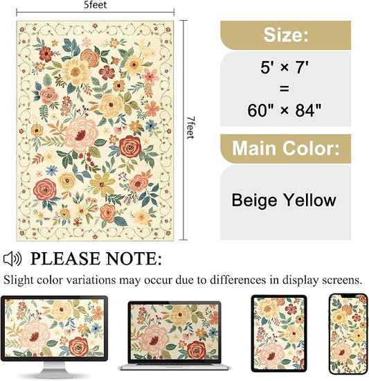 DUKINO 5x7 Area Rug, Floral Rugs for Living Room, Lightweight Non Slip Washable Rug, Indoor Low Pile & Non-Shedding Boho Design Rugs for Bedroom, Living Room, Dining Room, Beige Yellow