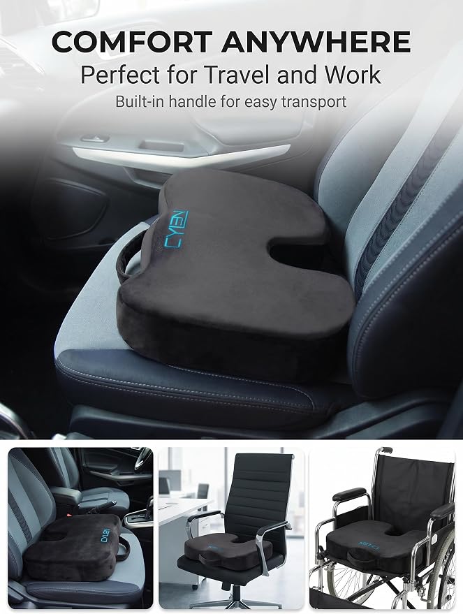 CYLEN Home Office Seat Cushion – Memory Foam Chair Cushion with Gel-Infused Material for Tailbone & Coccyx Pain Relief, Non-Slip Bottom, Machine Washable Cover – for Car, Wheelchair(Matte Black)