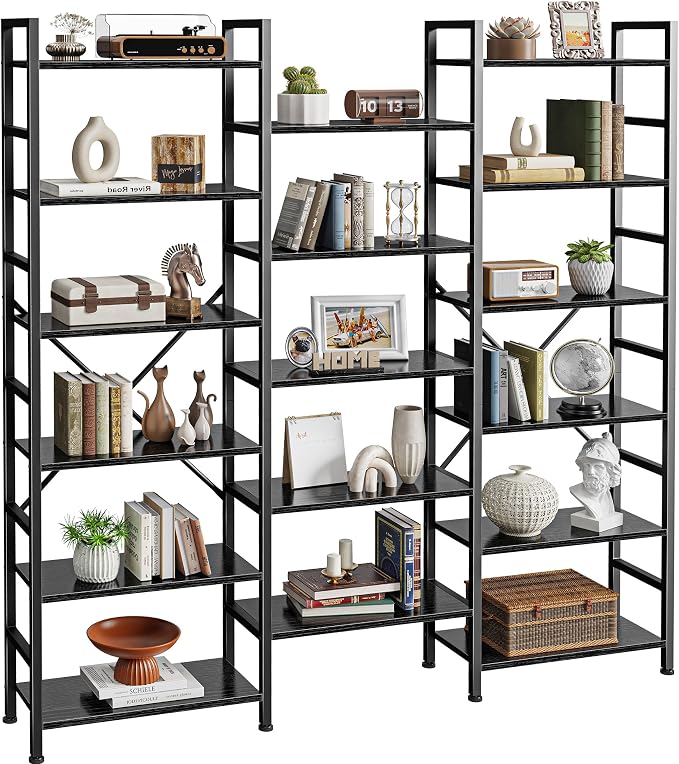 SUPERJARE Triple Bookshelf, Bookcase with 17 Open Display Shelves, Wide Book Shelf Book Case for Home & Office, 6 Tier, Black, ABC003B