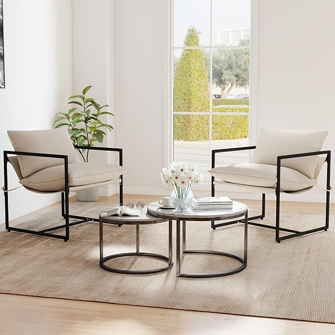 Kromax Sling Accent Chair, Cozy Living Room Chairs, Square Metal Frame, Upholstered Soft Cushion, Sponge, 28" x28“x32, Easy Assembly, Beige