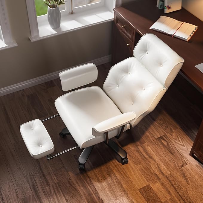 SeekFancy Reclining Criss Cross Office Chair with Wheels & Arms, White | Button-tufted PU leather; retractable footrest; 400 lbs capacity; 10% thickened wide cushion; retro executive design.