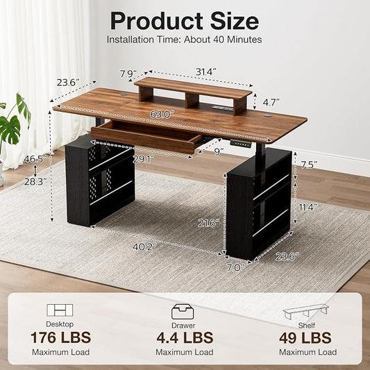 63x24 Electric Standing Desk with Drawer & Power Outlet, Ergonomic Sit Stand Desk with LED Lights, 2 Pegboards Storage, Monitor Stand, Height Adjustable 28.3"-47.2" for Home & Office, Walnut