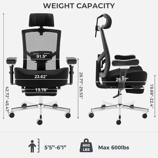 600lbs Big and Tall Office Chair with Wider W-Shaped Thick Seat Cushion, Ergonomic Computer Mesh Desk Chairs for Heavy People, Computer Chair, Adjustable Lumbar Support, 4D Armrests Footrest Headrest