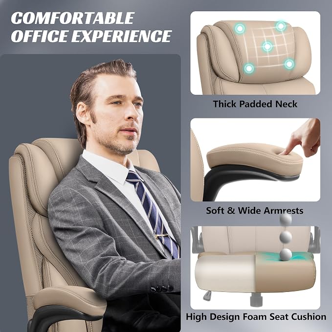 HeroSet Office Chair, Ergonomic Big and Tall Computer Desk Chairs, Executive Breathable Leather Chair with Adjustable Flip-up Armrests, Lumbar Support Swivel PC Chair with Rocking Function,Khaki
