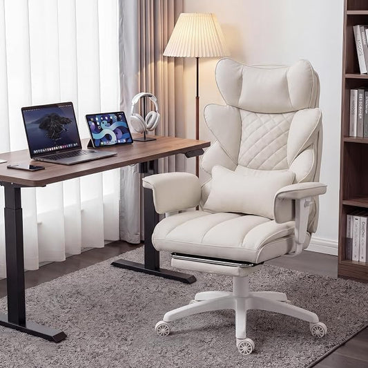 Dowinx Big and Tall Office Chair with Pocket Spring Cushion,High Back Computer Gaming Chairs with Adjustable Armrests and Lumbar Support,Executive Desk Chairs with Footrest(PU,White)