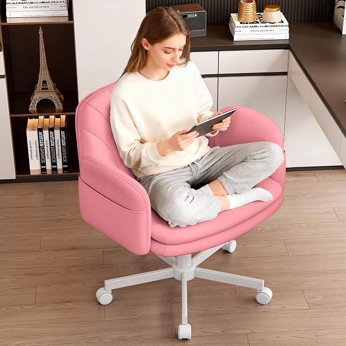 Vonesse Criss Cross Office Chair with Wheels & Armrests, Height Adjustable Vanity Chair, Makeup Chairs with Side Pockets Design, Comfortable Computer Desk Chairs for Home (PU Leather,Pink)