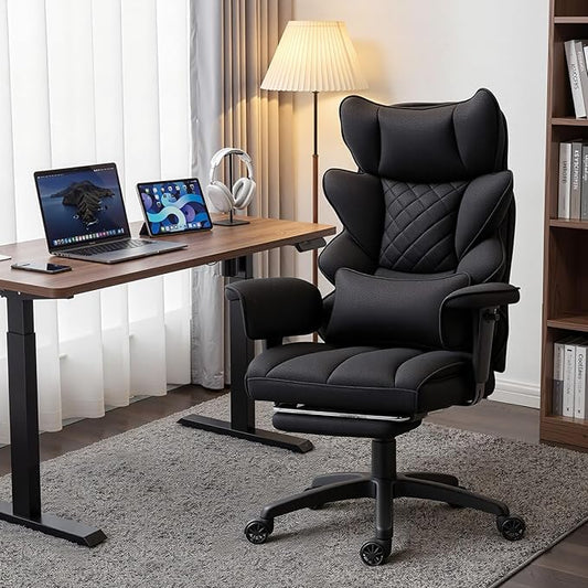 Dowinx Big and Tall Office Chair with Pocket Spring Cushion,High Back Computer Gaming Chairs with Adjustable Armrests,Executive Desk Chairs with Lumbar Support and Footrest,Fabric-Black