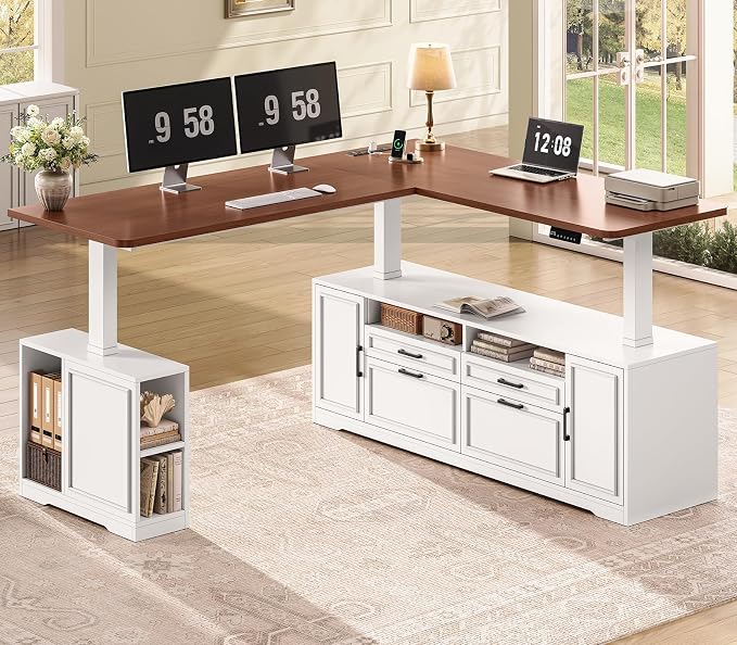 SEDETA Farmhouse L Shaped Electric Standing Desk, 69" x 55" Height Adjustable Office Executive Desk with 4 Drawers and Storage Shelves, Sit Stand Computer Desk with Power Outlet, White and Brown
