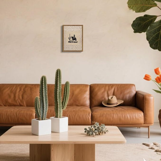 Western Cowboy Wall Art - Framed Canvas Cactus Poster for Living Room & Entryway, Vintage Horse Silhouette in Wood Frame, Rustic Floral Border Print, Farmhouse Decor 8x10 inch